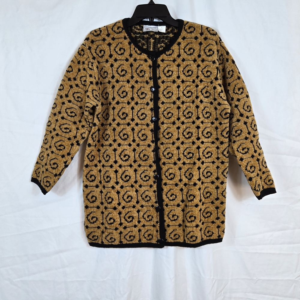 Maglia Donna Vintage Women's Gold Black Geometric Chenille Button Cardigan Small